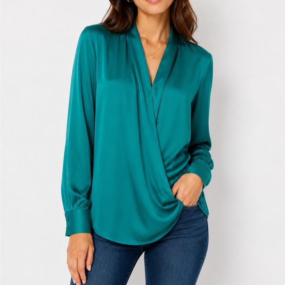 Apt. 9 Green Satin Faux Wrap Blouse